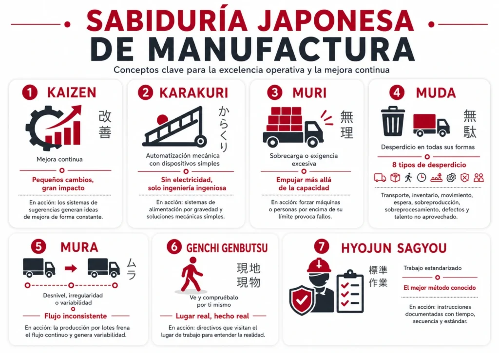 Kaizen, Muda, Genchi Genbutsu, Jidoka, JIT, Kanban, Heijunka, PDCA, 5 Porqués, A3 y 5S